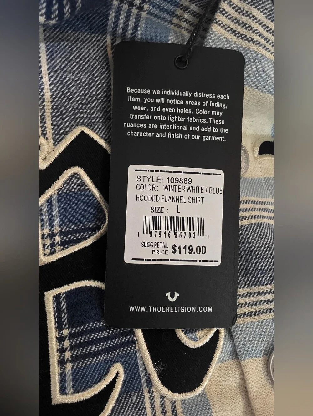 $119 True Religion Mens hooded flannel shirt